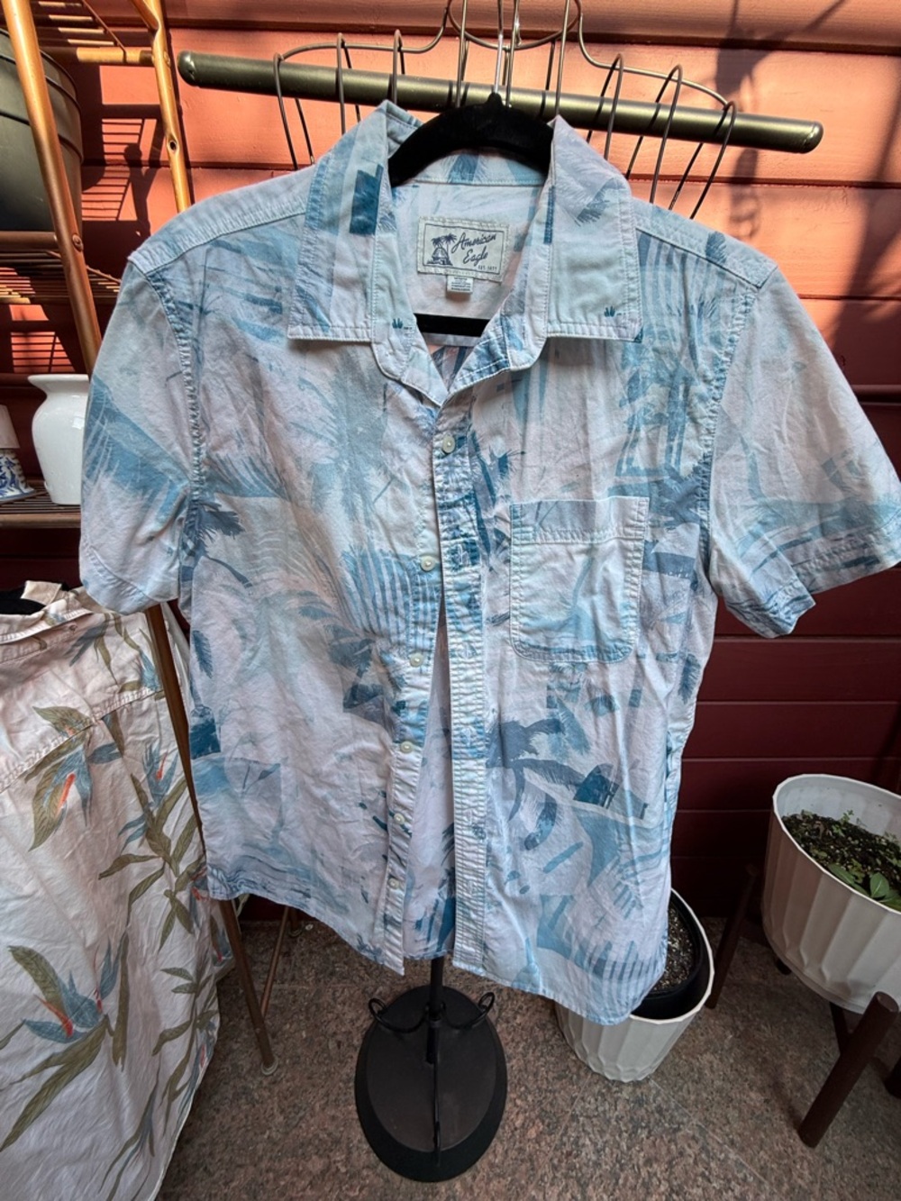 American Eagle Outfitters Light Blue Tropical Short-Sleeve Button-Down Shirt